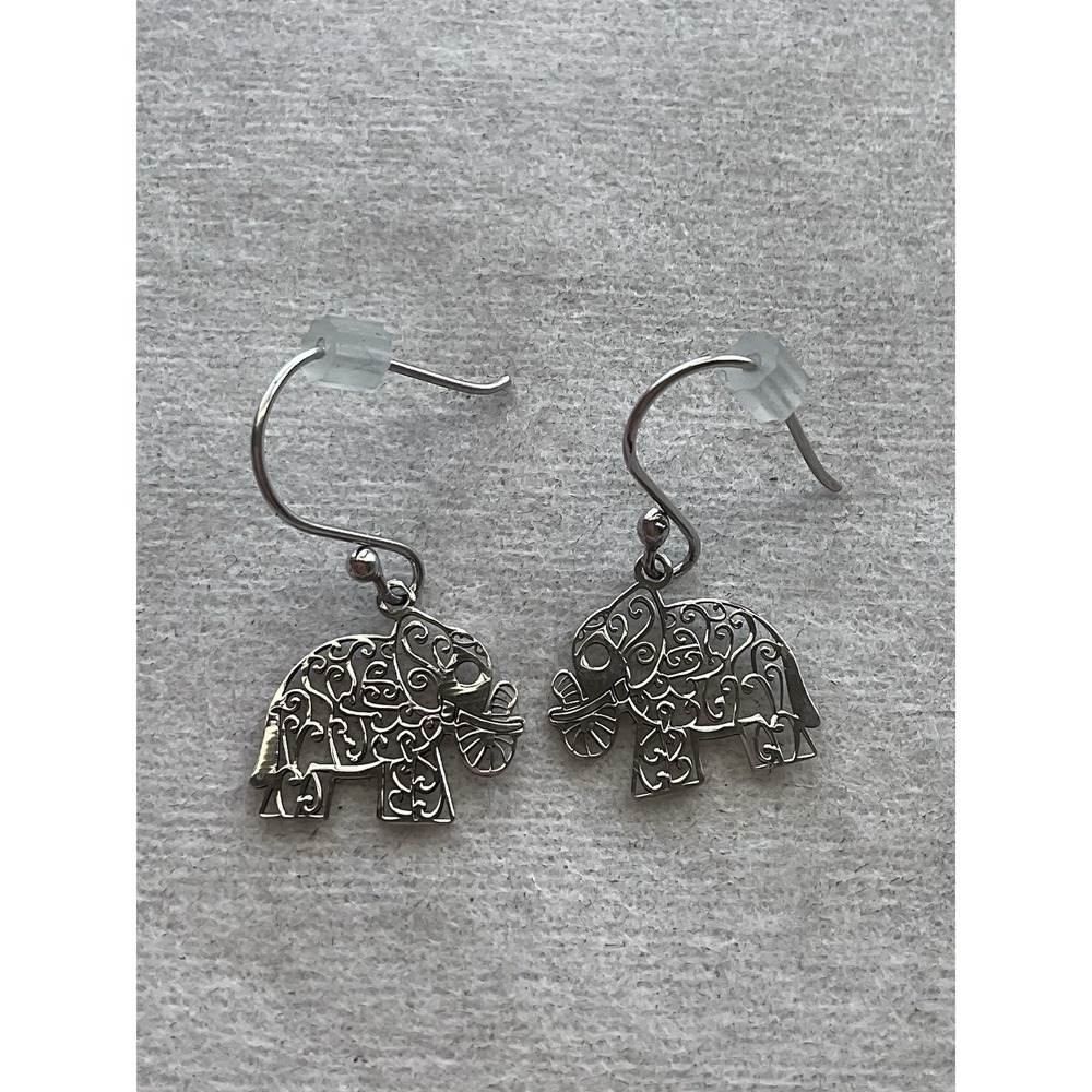 925 Sterling Silver Openwork Elephant Dangle Earrings Estatd Jewelry